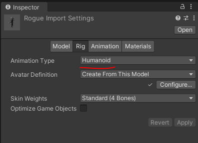 Unity - Menú Rig dentro de Import Settings, en el inspector tras seleccionar un modelo.