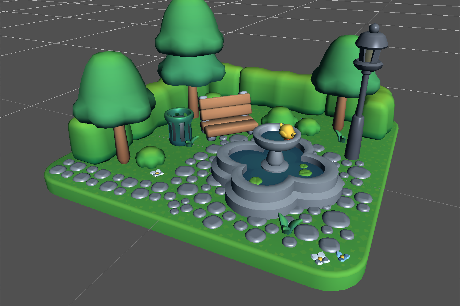 A small park diorama rendered with Blinn-Phong.