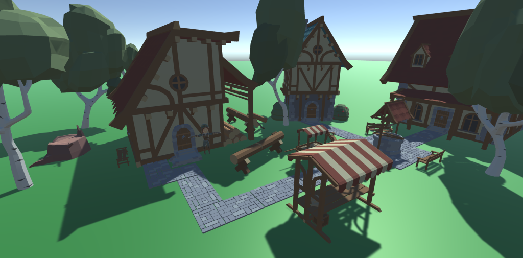 El escenario 3D preparado para este tutorial, representando un pequeño pueblo medieval.